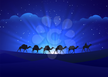 Night background with walking camel caravan, vector illustration
