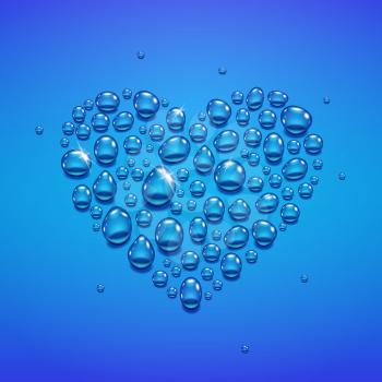 Water drops in heart shape on blue background, vector illustration