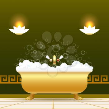 Golden bathtub vector illustration. Bath tub with water and lather soapsuds isolated on green background