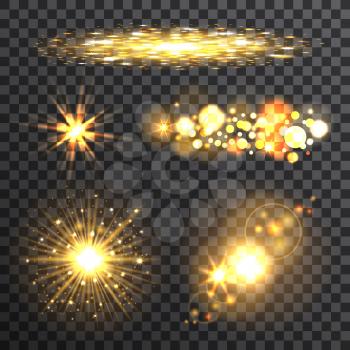Set of gold flash stars on the transparent background, vector illustration