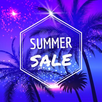 Summer backround. Sale poster with tropical palm trees, vector illustration