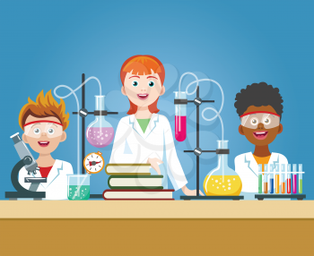 Pupils in chemistry lab. School science class laboratory with kids in safety glasses with microscope vector illustration