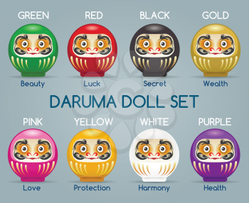 Vector colored japan daruma monk dolls. Gold and green, yellow and white japanese darumas