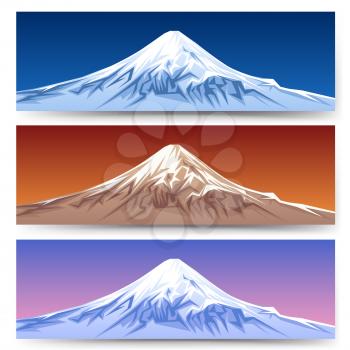 Snow capped mount fuji banners. Japan mountain panoramic landscape set for tourism designs vector illustration