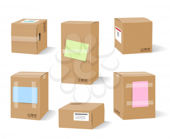Signed boxes. Cardboard brown boxes with attached notes for move, vector illustration