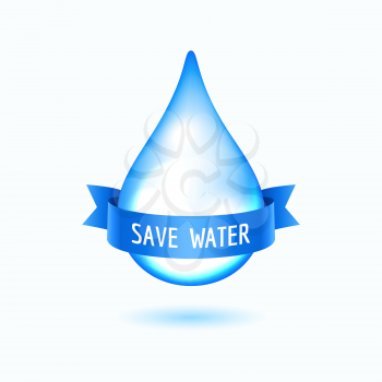 Vector drop with blue ribbon on the white background. Save water concept
