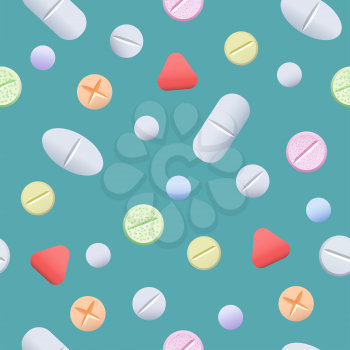 Pills seamless pattern. Drugs like medicine aspirin and pharmaceutical tablets blue background, vector illustration