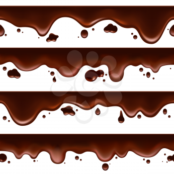 Dripping melted chocolate. Vector horizontal seamless fondant melting bitter chocolate isolated on white background