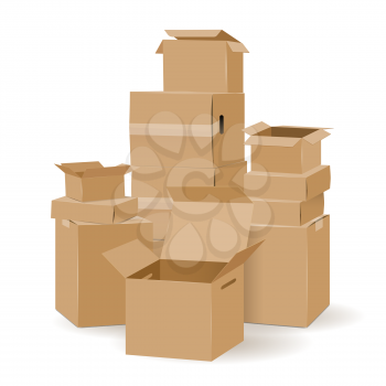 Boxes pile. Stack of post paper box set, mail or delivery stacked cardboard boxes collection isolated on white background