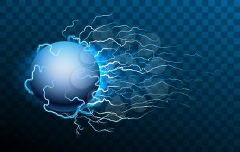 Lightning storm ball. Ball lightning on transparent background, vector blue abstract magic plasma energy burst