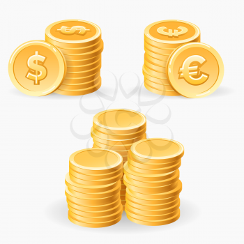Coins piles. Gold coins stack set vector illustration, cash dollars and metal piece euro finance isolated on white background