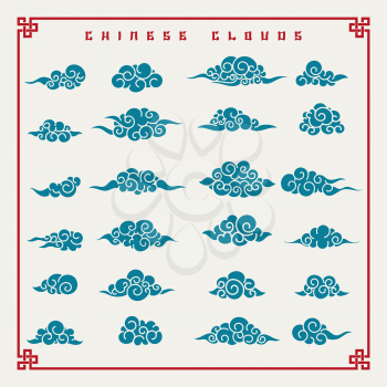 Chinese clouds. Blue clouds graphics in retro oriental asian style vector illustration