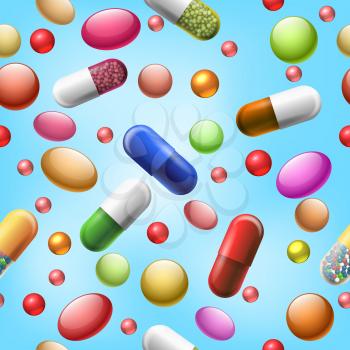 Seamless pills and tablets pattern. Vitamin capsules, medicine pills and pharmaceutical doses vector background