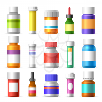 Medicine bottles. Bottles with pills vector illustration, medication container set isolated on white background