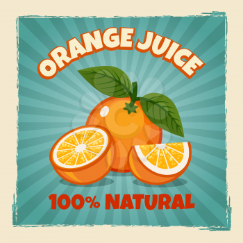 Orange fruit poster. Vintage juice orange fruits label on blue background for healthy diet vector ilustration