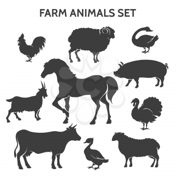 Farm animals silhouettes. Farmyard livestock animal set like horse and cow, goose and turkey, pig and goat isolated on white background, vector icons
