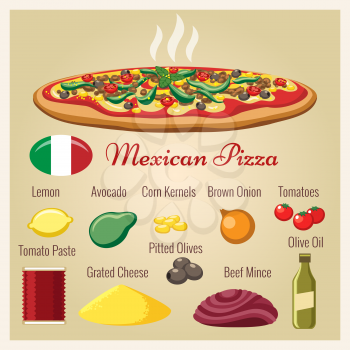 Mexican pizza ingredients. Cheese and corn grain, avocado and tomatoes vector illustration for culinary recipe or delivery