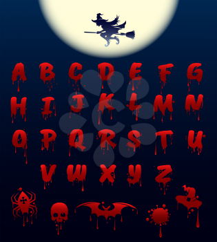 Bloody alphabet on black background. Halloween spooky font, vector illustration