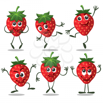 Strawberry characters. Cute fruit funny berry cartoon mascot on white background, vector icons