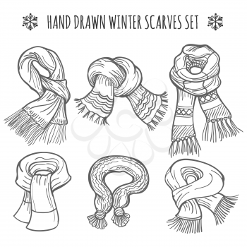 Sketch of winter scarves on white background, vector illustration