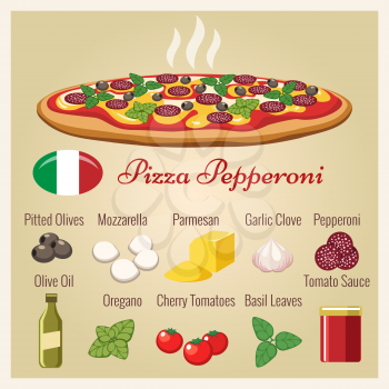 Pepperoni. Pizza appetizing meal vector illustration with sauce and pepperoni slices, garlic and oregano