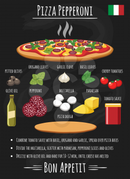 Pepperoni pizza recipe. Healthy italian salami pizza toppings for home chef menu chalk board vector illustration