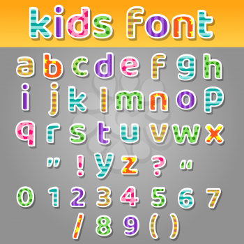 Cute kids alphabet. Fun and colorful patchwork patterns school book letters font vector illustration