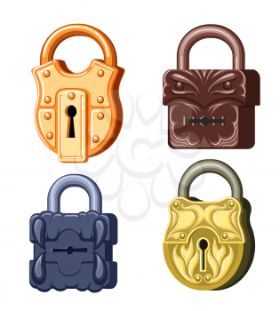 Game metal locks. Various antique padlock set with keyholes for games isolated on white background