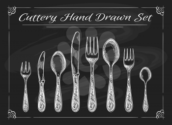Fork spoon knife on chalkboard. Dinnerware cutlery vintage chalk drawing vector sketch