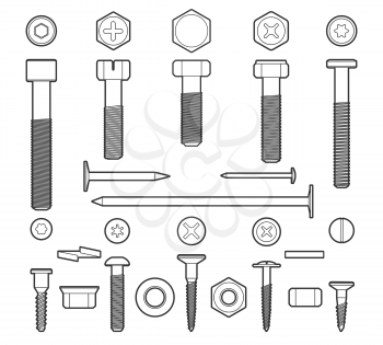 Metal fasteners line vector. Linear screws, nuts and bolts isolated on white background