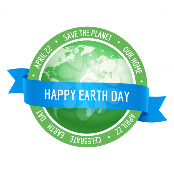 Earth Day. Vector illustration of green globe planet with blue ribbon