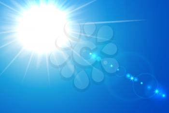 Vector illustration of blue sunny background with sun and lens flare
