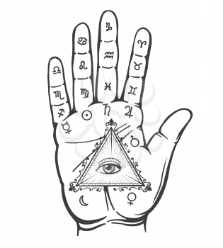 Palmistry hand. Vintage hand drawn psychic hand with magic eye and alchemy signs isolated on white background, vector illustration