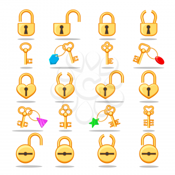 Locks and keys. Vector gold padlocks and various golden keys for lock and unlock icons isolated on white background