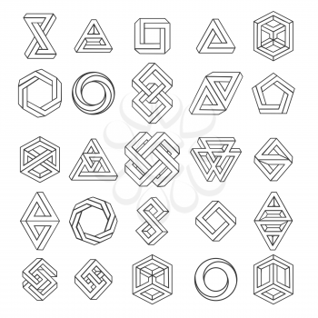 Graphic impossible shapes. Circle, square and triangle symbols with escher paradox impossible geometry geometric graphic, vector illustration
