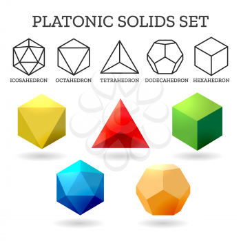 Platonic 3d shapes. Platon geometry abstract solid icons isolated on white background, vector illustration