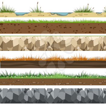 Soil horizontal patterns. Underground of land layers with rocks, limestone and grass gaming background vector illustration
