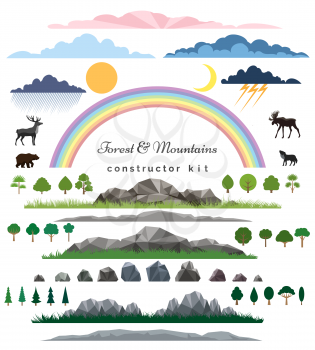 Mountains and forest vector. Stone and rock, garden tree and grass, hill and animals ui elements for games constructor