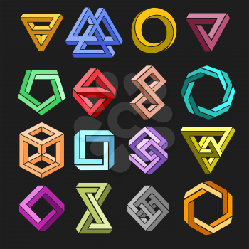 Impossible shape set. Vector 3d geometry surrealistic paradox undecided shapes isolated on black background