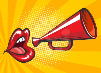 Pop art loudspeaker poster. Retro bullhorn or megaphone vector illustration with beautiful and sexy female mouth for magazine advertising