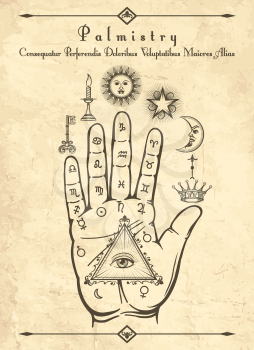 Vintage palmistry. Esoteric occult symbols on hand, palm of prophecy retro vector illustration