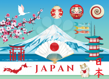 Japan holiday travel landscape. Asian japanese tourism landmarks and symbols for vacation concept vector illustration