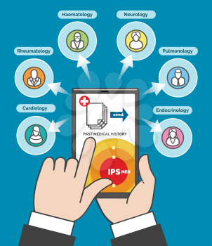 Telehealth concept, computer remote medical care. Hand with smartphone communicates with telemedicine doctors flat vector illustration
