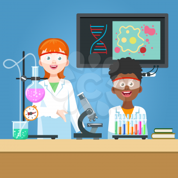 Girl scientist and student in chemistry laboratory. Vector illustration
