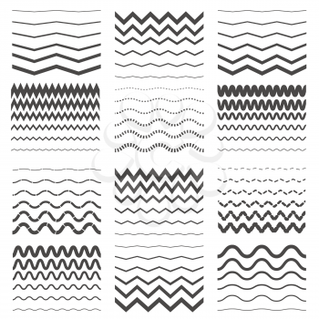 Zigzag and wavy line patterns set. Vector decorative zig zag edge borders isolated on white background
