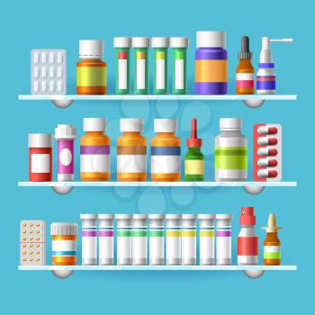 Medication shelves. Pharmacy store medicament boxes or medical packaging for drugstore vector illustration