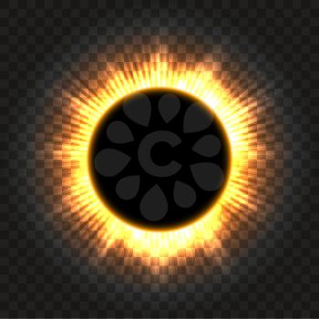 Total solar eclipse vector illustration on transparent background. Full moon shadow sun eclipse with corona
