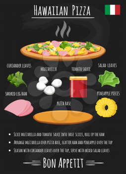 Hawaiian pizza recipe. Pizza with pineapple on chalkboard poster vector illustration