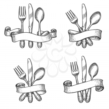 Cutlery sketch. Vintage dinner table silverware set with knife and fork utensils in retro ribbons vector drawing