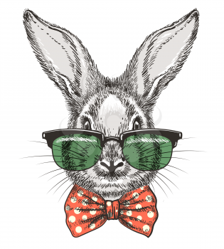 Rabbit in glasses. Vintage hand drawn cute bunny face doodle sketch portrait with glasses and bow tie vector illustration